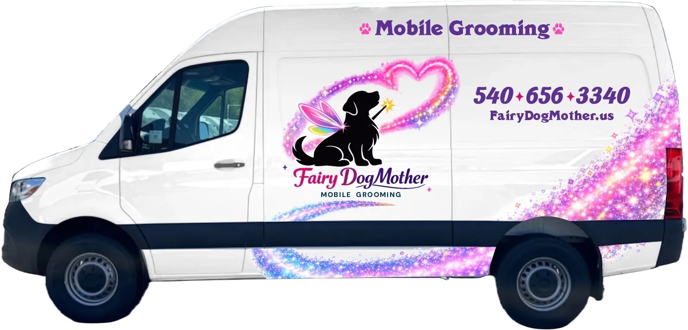 The Fairy DogMother mobile grooming van, pink and purple with sparkle artwork