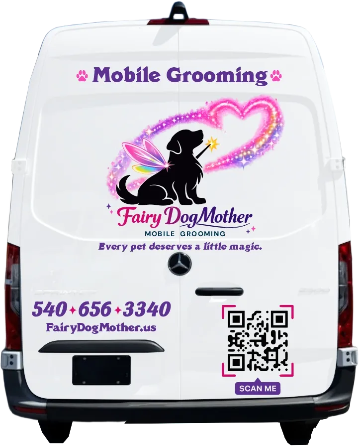 Rear of the Fairy DogMother grooming van with branded artwork